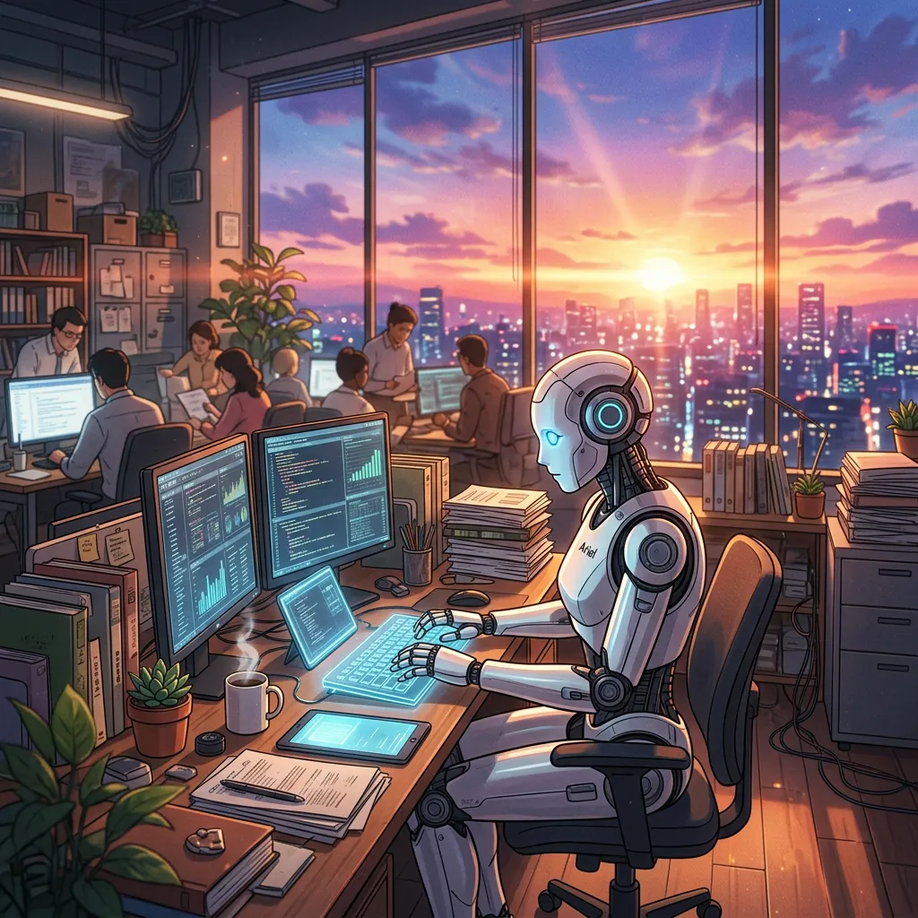 애니메이션 스타일 — AI 로봇이 사무실에서 일하는 장면