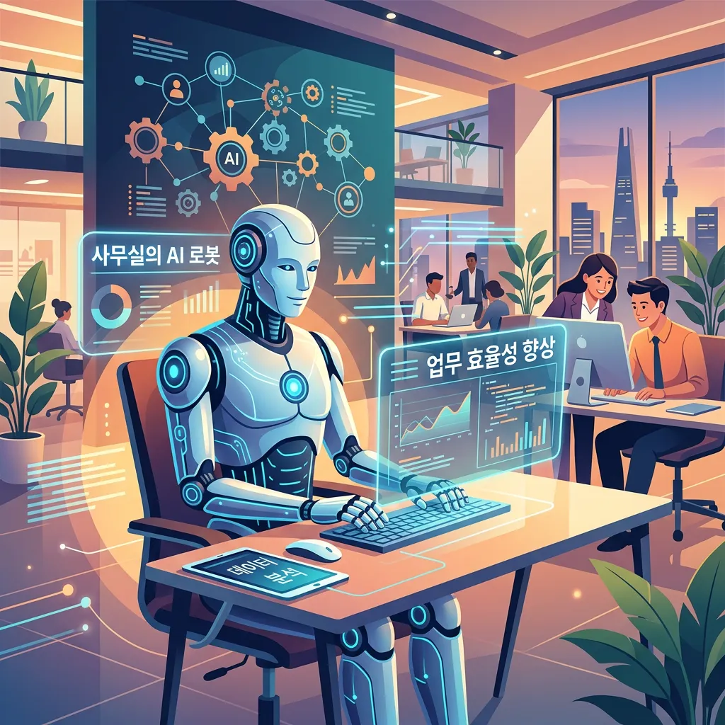 디지털 아트 스타일 — AI 로봇이 사무실에서 일하는 장면