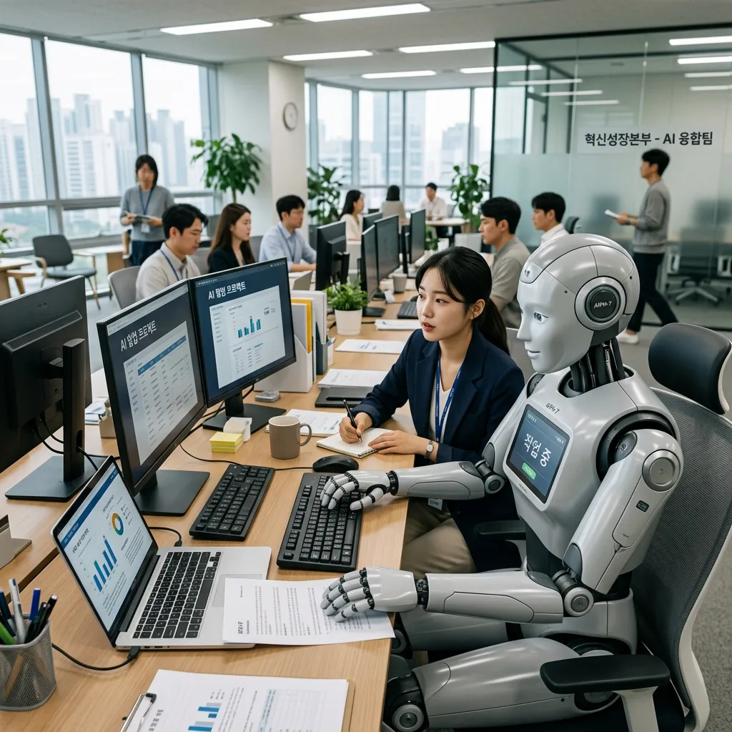 사실적 스타일 — AI 로봇이 사무실에서 일하는 장면